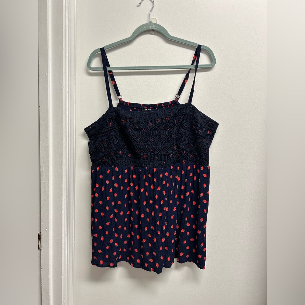 Torrid Navy with Strawberries with crochet lace overlay Camisole